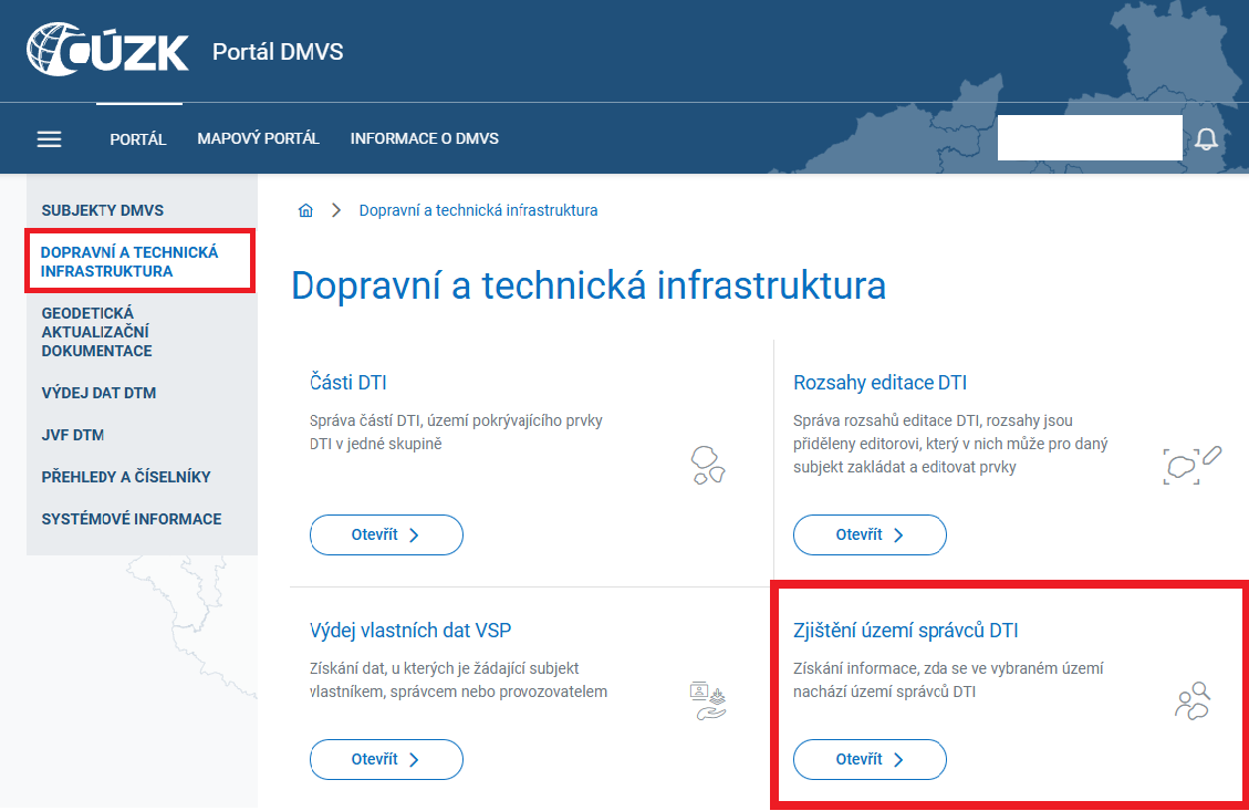 Obrázek 2: Výběr zjištění území správců DTI