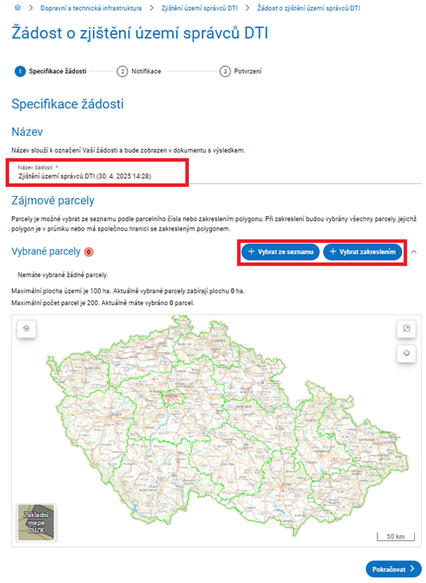 Obrázek 4: Specifikace žádosti o zjištění území správců DTI