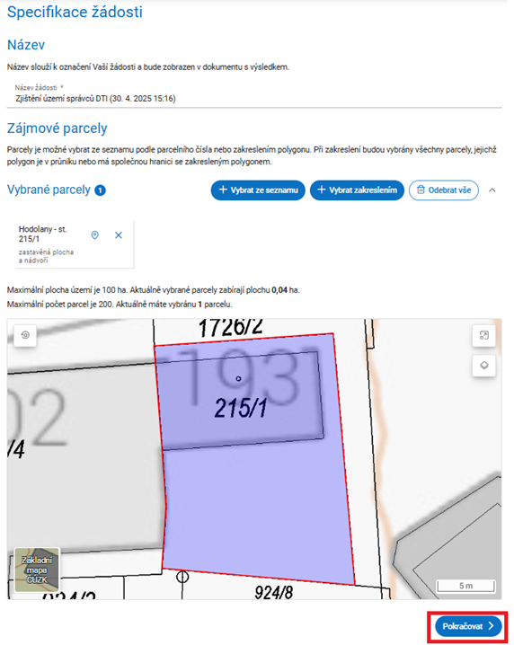 Obrázek 7: Dokončení specifikace zadaného území