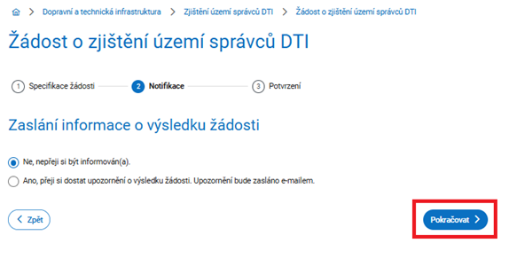 Obrázek 8: Výběr možnosti zaslání informace na mail 
