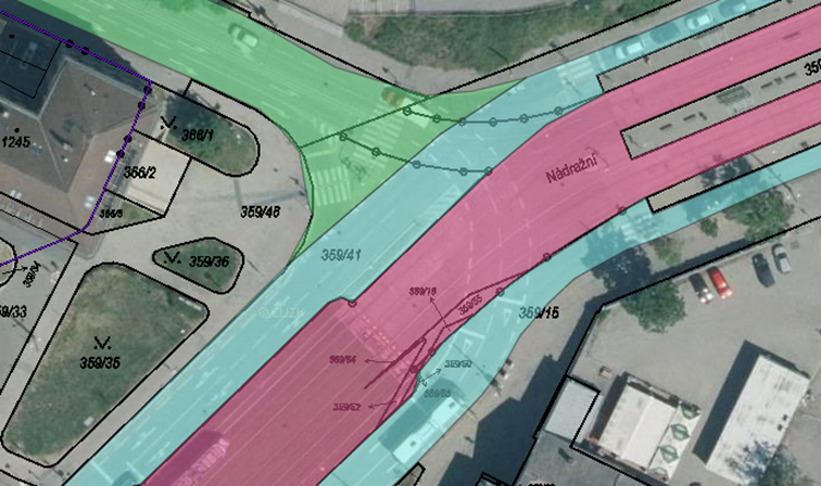 Obrázek 61: Obvod dráhy tramvaje (červeně), ostatní Obvody PK (bez překryvné funkce)